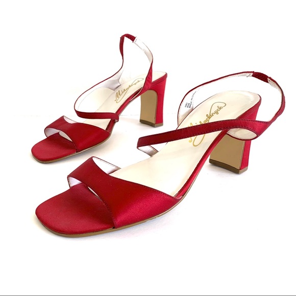 red satin block heels